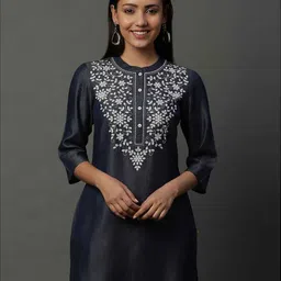 AURELIA Floral Embroidered Mandarin Collar Denim Straight Kurti-picture-29