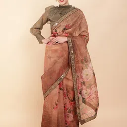 Sangria Women Brown & Olive Floral Printed Embellished Border Organza Sarees-image-18