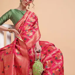 Sangria Red & Silver Floral Woven Design Sarees-image-3