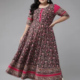 KALINI Plus Size Floral Printed Pure Cotton Anarkali Kurta image 1