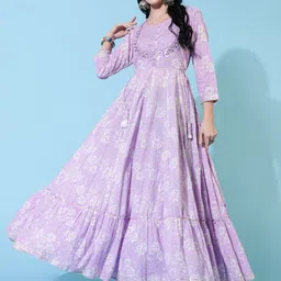 KIMAYRA Floral Printed Mirror Work Cotton Fit & Flare Ethnic Dress image 4