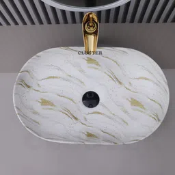 cluster Designer Glossy Finish Over Counter Wash Basin For Bathroom, Hotel & Restaurant Oblong Shaped (550 x 350 x 145 mm) | White & Gold Table Top Basin-picture-14