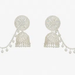 abc Silver Plated Round Stud Jhumka Earrings with Pearl Chain for Women & Girls Alloy Jhumki Earring-picture-35