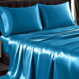 coolbeds Teal Solid 400 TC Satin King Fitted Bedsheet with 2 Satin Pillow covers-picture-39
