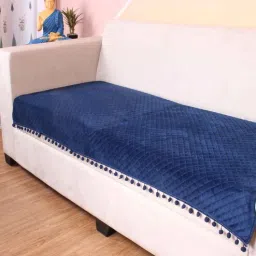 Blue Solid Velvet 2 Seater Quilted Sofa Cover (Protector) with Pompom-image-46