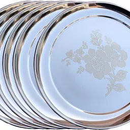 pancraft Pack of 6 Stainless Steel Dinner Plates| Laser Floral Design 29.5 CM Round Dinner Set-picture-34