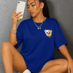 madliyn Women Graphic Print Round Neck Cotton Blend Blue T-Shirt image 2