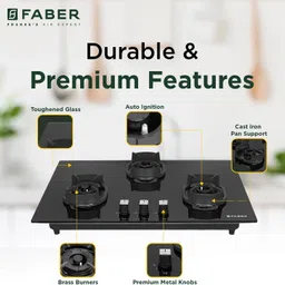 faber Hob Eros IND 783 CI AI |Auto-Ignition|Metal Knobs| Cast Iron Pan Support Glass Automatic Hob image 2
