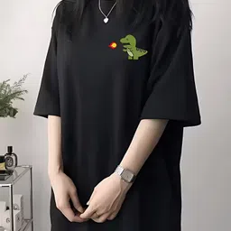 Women Graphic Print, Cartoon Round Neck Cotton Blend Black T-Shirt-image-0