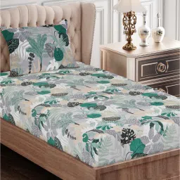 sej by nisha gupta Green Floral 144 TC Cotton Single Bed Sized Bed Sheets With 1 Pillow Cover image 1