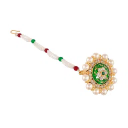 Silvermerc Designs Gold-Plated Green & White Stone-Studded & Beaded Borla Maang Tikka image 3