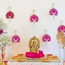 Divyakosh Garlands Pink & Gold Toned 7 Pieces Lotus Hanging Wall Decor image 1