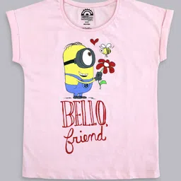 Kids Ville Girls Pink & Yellow Minions Printed Cotton T-shirts image 1