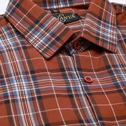 SOJANYA Men Rust Brown & Blue Cotton Classic Fit Checked Formal Shirt image 3
