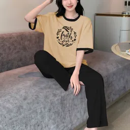 kshs Women Night Suit Set Black, Beige Printed image 2