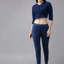 Lux Cottswool Women Plus Size Teal Blue Solid Wool Thermal Top & Bottom-picture-13