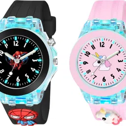 maan international Multicolor Lights 3D Cute Cartoon Multi Function Rubber Strap Kidd's Boys Analog Watch- For Boys & Girls Kids Combo2-Black Spider Man-Pink Unicorn-picture-37