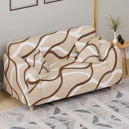 Aura Beige & White Printed Polyester 1 Piece Sofa Cover With Arms image 2