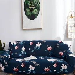 Lukzer Navy Blue & White Flower Printed 2 Seater Sofa Cover With Arms-image-25