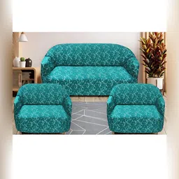 Stuff N' Fluff Teal & White 3 Pieces Printed 5 Seater Sofa Cover With Arms-picture-24