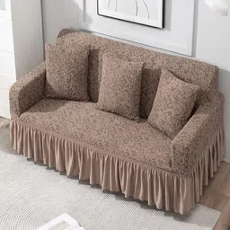 HOKIPO Taupe & Grey Solid Polyester 3 Piece Sofa Cover With Arms image 2