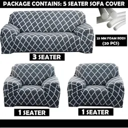 Stuff N' Fluff Grey & White 3 Pieces Printed 5 Seater Sofa Cover With Arms image 3