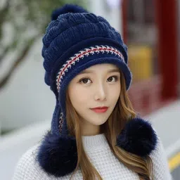 winity Cute warm soft fur inside with earflap three pom-pom knitted women winter cap Woven Beanie image 3