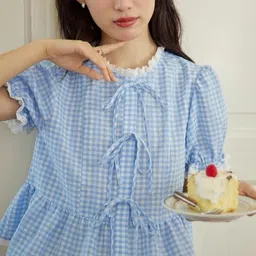 quintessentials Casual Puff Sleeves Checkered Women Light Blue Top image 3
