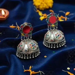 jewelsmart Oxidized Silver Mirror Multicolor Jhumka Earrings Silver Drops & Danglers, Chandbali Earring, Jhumki Earring image 4