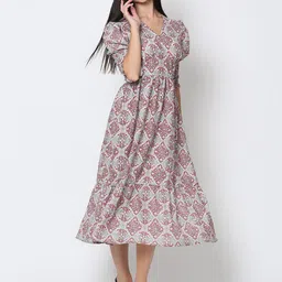 DRIRO Off White & Red Ethnic Motifs Printed Crepe A-Line Midi Dress image 3