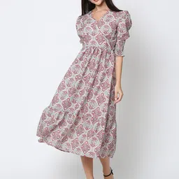 DRIRO Off White & Red Ethnic Motifs Printed Crepe A-Line Midi Dress image 5