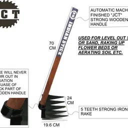 jct agrico IRON RAKE WITH WOODEN HANDLE 70CM & MINI HOE WEEDING RAKE 35CM Garden Tool Kit image 2