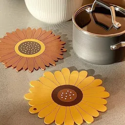 besillia Silicone Sunflower Coasters - Anti-Hot & Foldable Trivet Mat Coaster for Table Protection & Home Decor - Washable & Reusable, Brown Trivet image 4