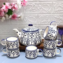 aav world Pack of 7 Ceramic blue dot kettle set with doted cup image 2