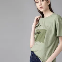 roadster Women Typography Round Neck Pure Cotton Green T-Shirt image 2