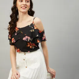 chimpaaanzee Casual Cold Shoulder Sleeves Printed Women Black Top-picture-22