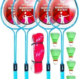 laksh sports Double Shaft Badminton Racket Pack Of 4 Piece With 6 Piece Plastic Shuttle And 1 Piece Badminton Net Badminton Kit image 1