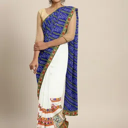 Mitera White & Blue Pure Georgette Bandhani Printed Kutch Embroidered Half & Half Saree-image-56