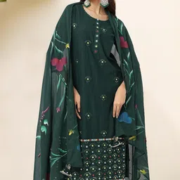 Ishin Floral Embroidered Pure Cotton Straight Kurta With Trouser & Dupatta-picture-16
