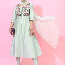 Vishudh Women Green Floral Yoke Design Empire Kurta with Trousers & With Dupatta-picture-25