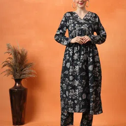 Anouk Floral Embroidered Pleated Mirror Work Kurta with Trousers image 1