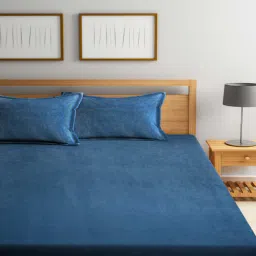 fabinaliv Blue Solid 300 TC Woollen Flat Double Bedsheet with 2 Pillow Covers-picture-35