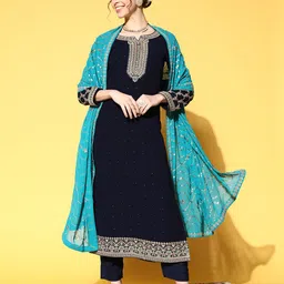 Kvsfab Women Blue Ethnic Motifs Embroidered Kurta with Trousers & With Dupatta image 1