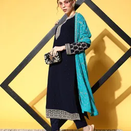 Kvsfab Women Blue Ethnic Motifs Embroidered Kurta with Trousers & With Dupatta image 2