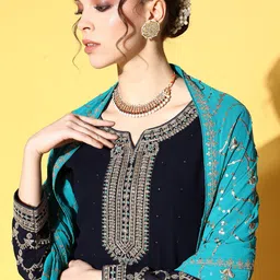 Kvsfab Women Blue Ethnic Motifs Embroidered Kurta with Trousers & With Dupatta image 3