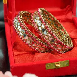 GRIIHAM Set Of 2 Gold-Plated Beads-Studded Mirror Bangles image 1