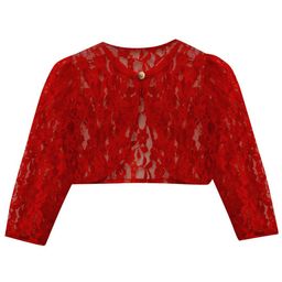A.T.U.N. Girls Maroon Party Crop Sheer Button Lace Shrug-picture-10