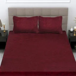 FABINALIV Maroon Striped 300 Tc Woollen King Size Double Bedsheet With 2 Pillow Covers image 1