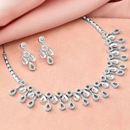 Rubans Rhodium-Plated White Cubic Zirconia Studded Teardrop Necklace Set image 2