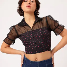DressBerry Wispy Charm Printed Shirt Style Net Detail Crop Top image 2
